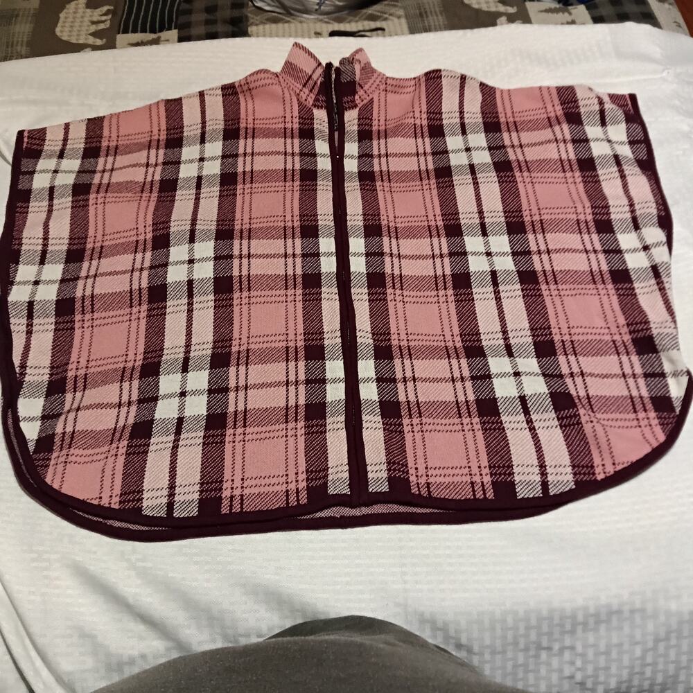 Jones New York Poncho L/XL Pink/Burgundy Cozy Oversize Cotton/Wool Blend Plaid